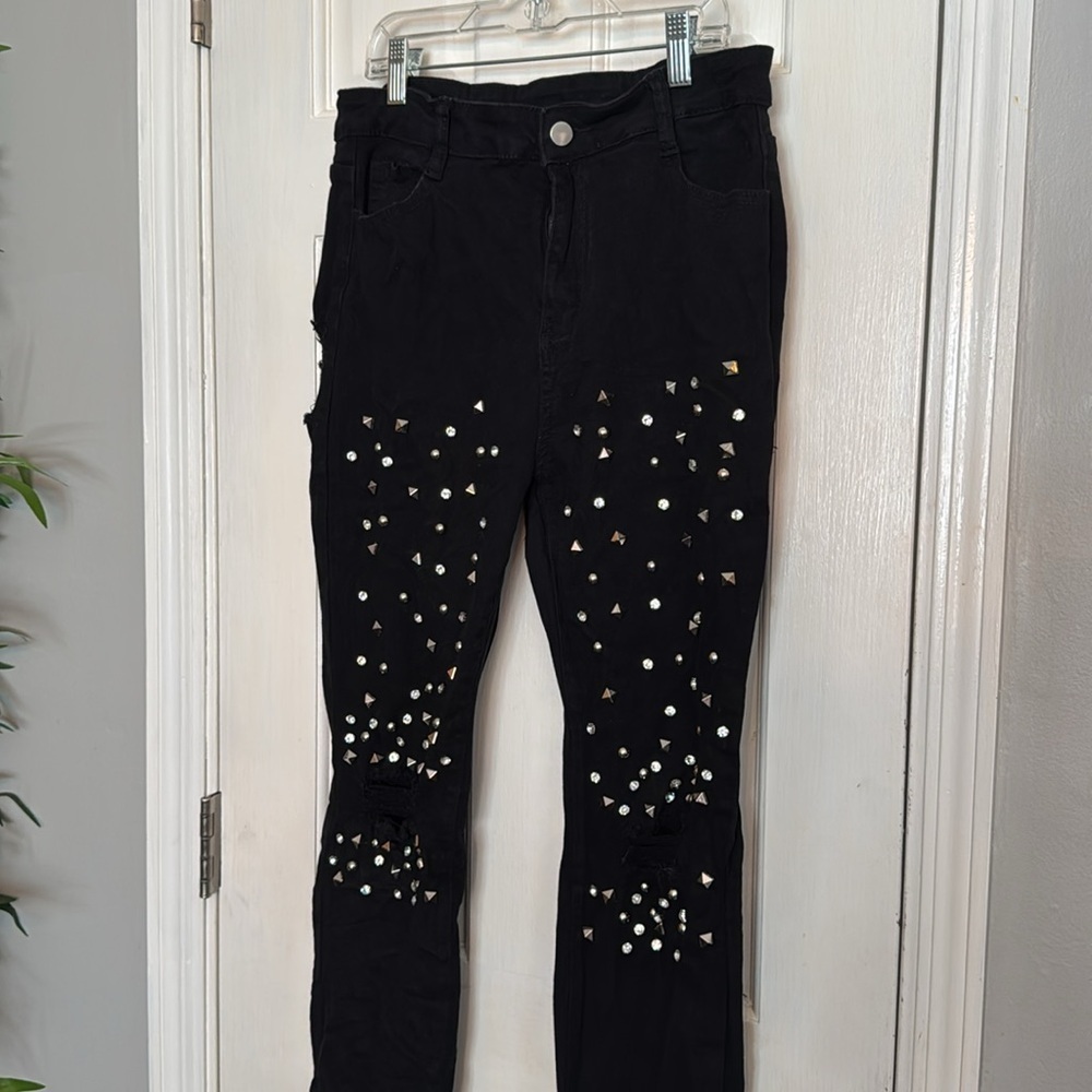 Black studded rocker distressed denim skinny jeans XL - Picture 2 of 13